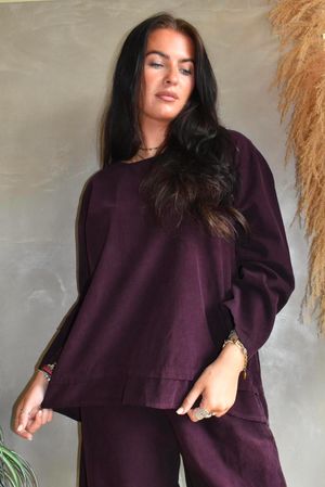 Arbi Needlecord Fold Hem Top Aubergine